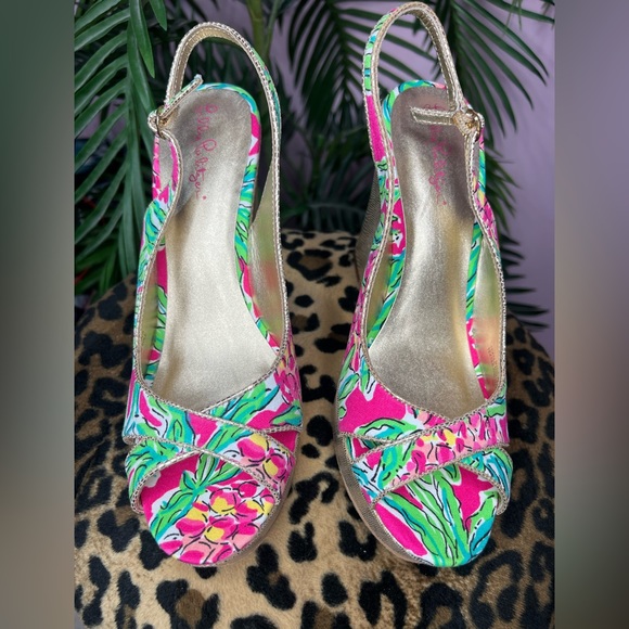 Lilly Pulitzer Wedges Gold pink Greeb signature print - Picture 2 of 10